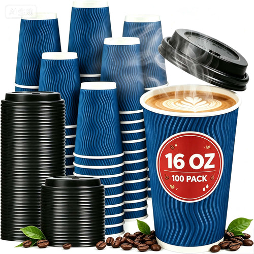 BYSNOW 12/16oz Disposable Coffee Cups with Lids, Insulated Paper Cups with Lids, 100 Pack