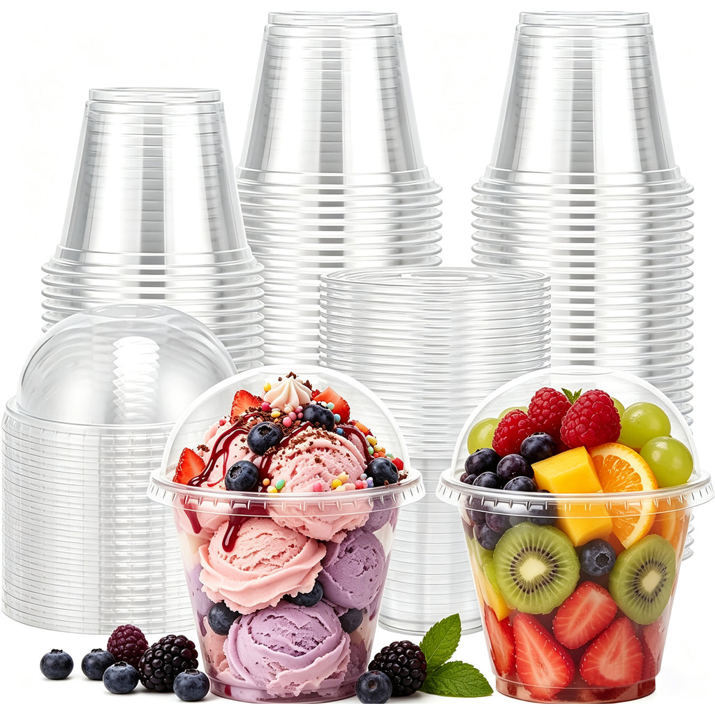 BYSNOW 9oz Clear Plastic Cups with Lids No Hole, Disposable Cups with Flat Lids, 100/200 Pack Ice Cream Cups