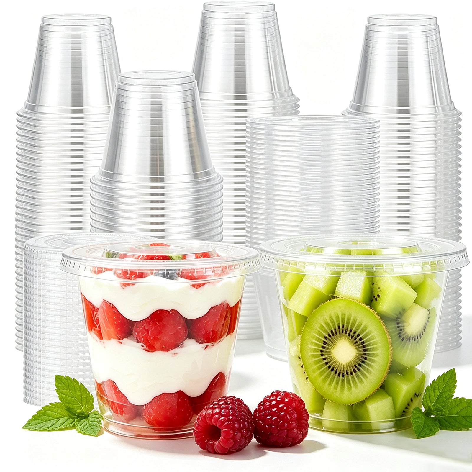 BYSNOW 9oz Clear Plastic Cups with Lids No Hole, Disposable Cups with Flat Lids, 100/200 Pack Ice Cream Cups