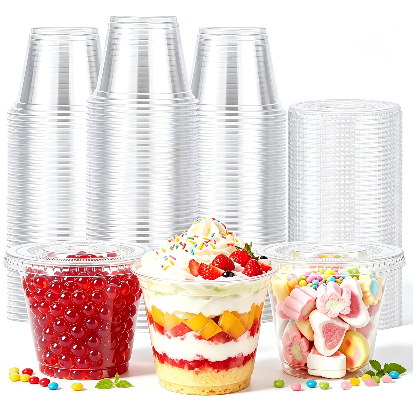 BYSNOW 9oz Clear Plastic Cups with Lids No Hole, Disposable Cups with Flat Lids, 100/200 Pack Ice Cream Cups