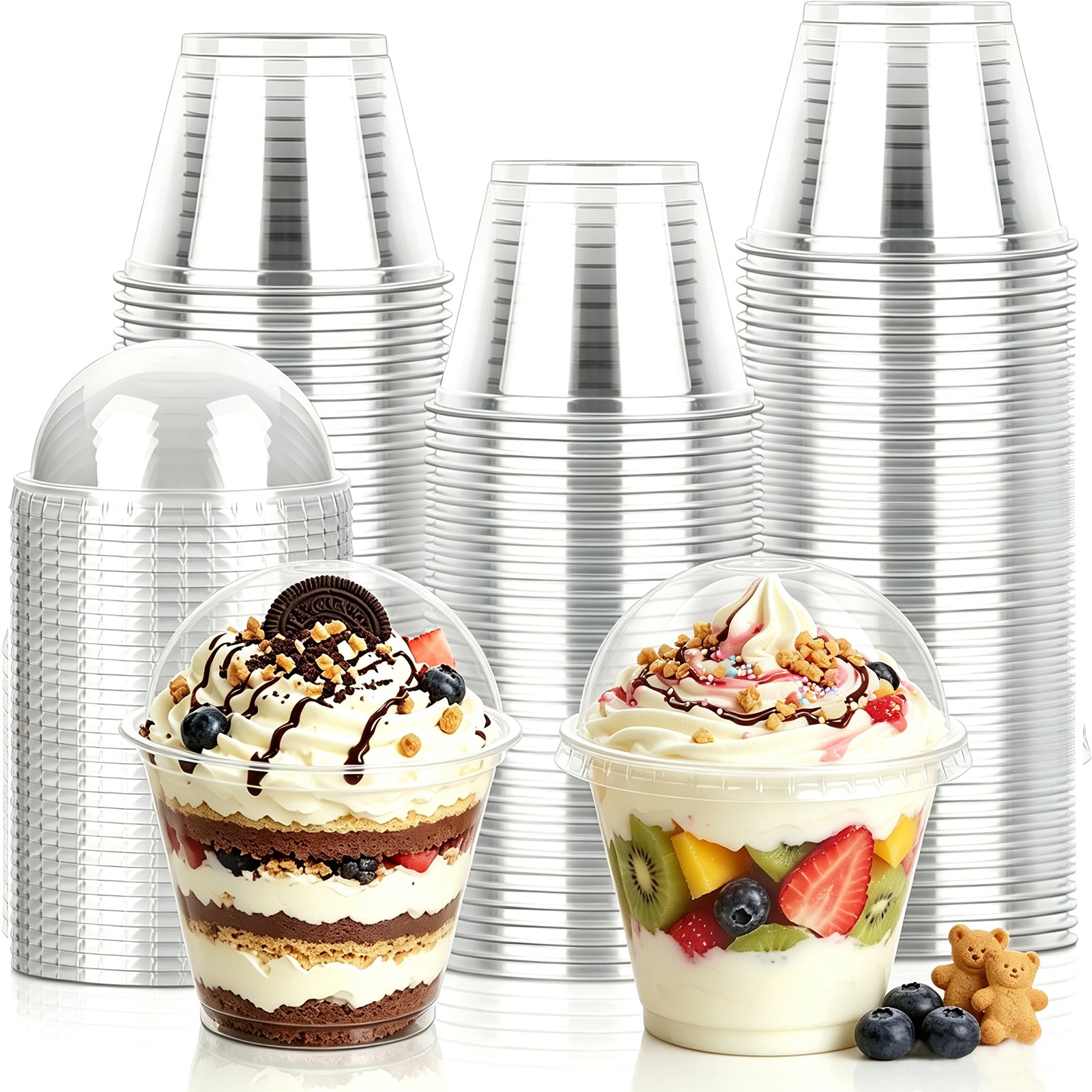 BYSNOW 9oz Clear Plastic Cups with Lids No Hole, Disposable Cups with Flat Lids, 100/200 Pack Ice Cream Cups