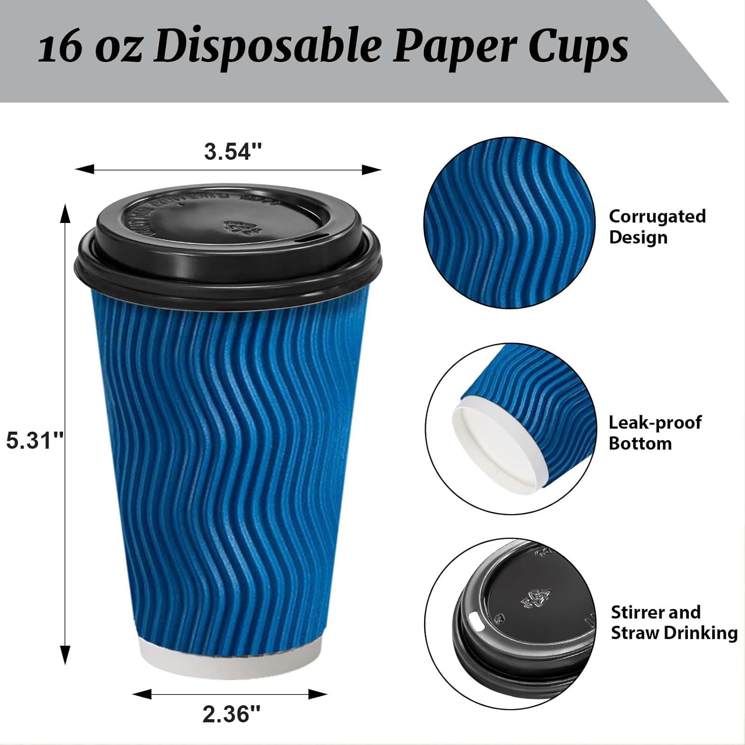 BYSNOW 12/16oz Disposable Coffee Cups with Lids, Insulated Paper Cups with Lids, 100 Pack