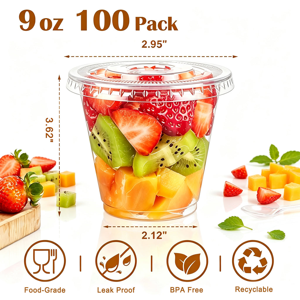 BYSNOW 9oz Clear Plastic Cups with Lids No Hole, Disposable Cups with Flat Lids, 100/200 Pack Ice Cream Cups