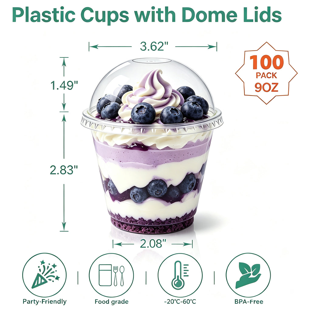 BYSNOW 9oz Clear Plastic Cups with Lids No Hole, Disposable Cups with Flat Lids, 100/200 Pack Ice Cream Cups