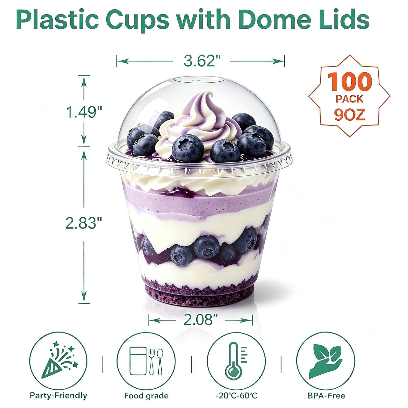 BYSNOW 9oz Clear Plastic Cups with Lids No Hole, Disposable Cups with Flat Lids, 100/200 Pack Ice Cream Cups