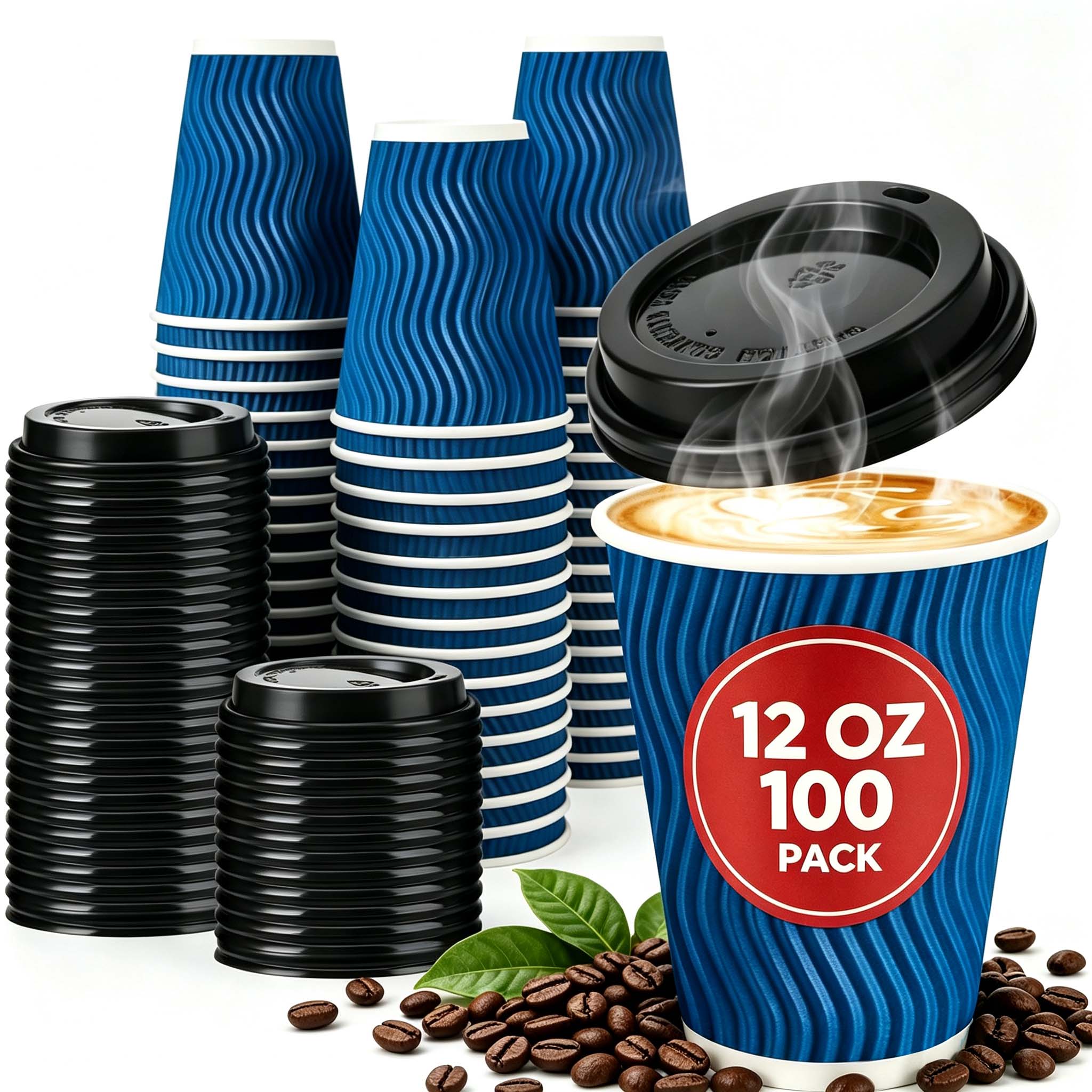 BYSNOW 12/16oz Disposable Coffee Cups with Lids, Insulated Paper Cups with Lids, 100 Pack