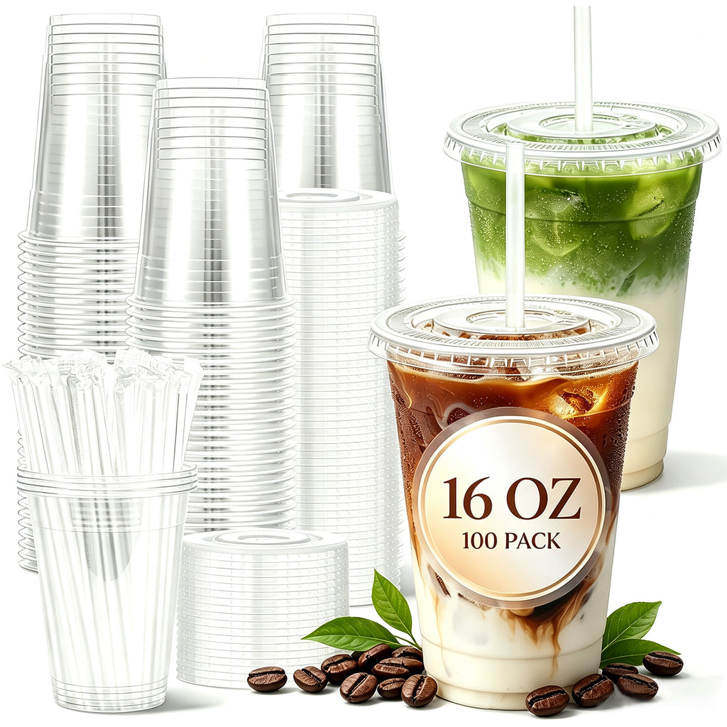 BYSNOW 16/20/24 oz Clear Plastic Cups with Lids and Straws, Disposable Iced Coffee Cups, 100 Count