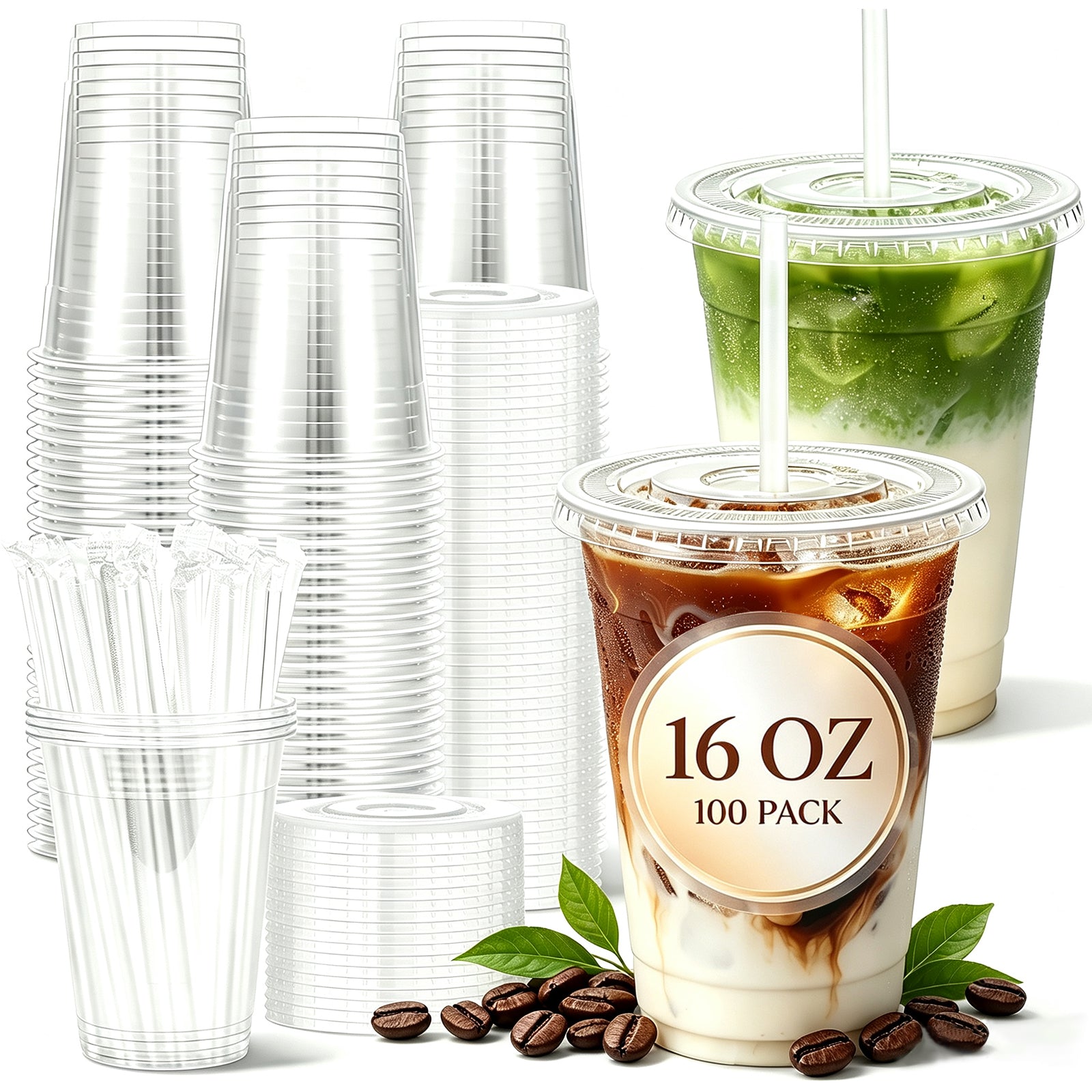 BYSNOW 16/20/24 oz Clear Plastic Cups with Lids and Straws, Disposable Iced Coffee Cups, 100 Count