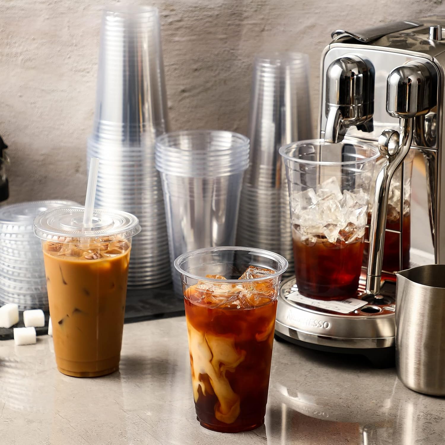 BYSNOW 16/20/24 oz Clear Plastic Cups with Lids and Straws, Disposable Iced Coffee Cups, 100 Count