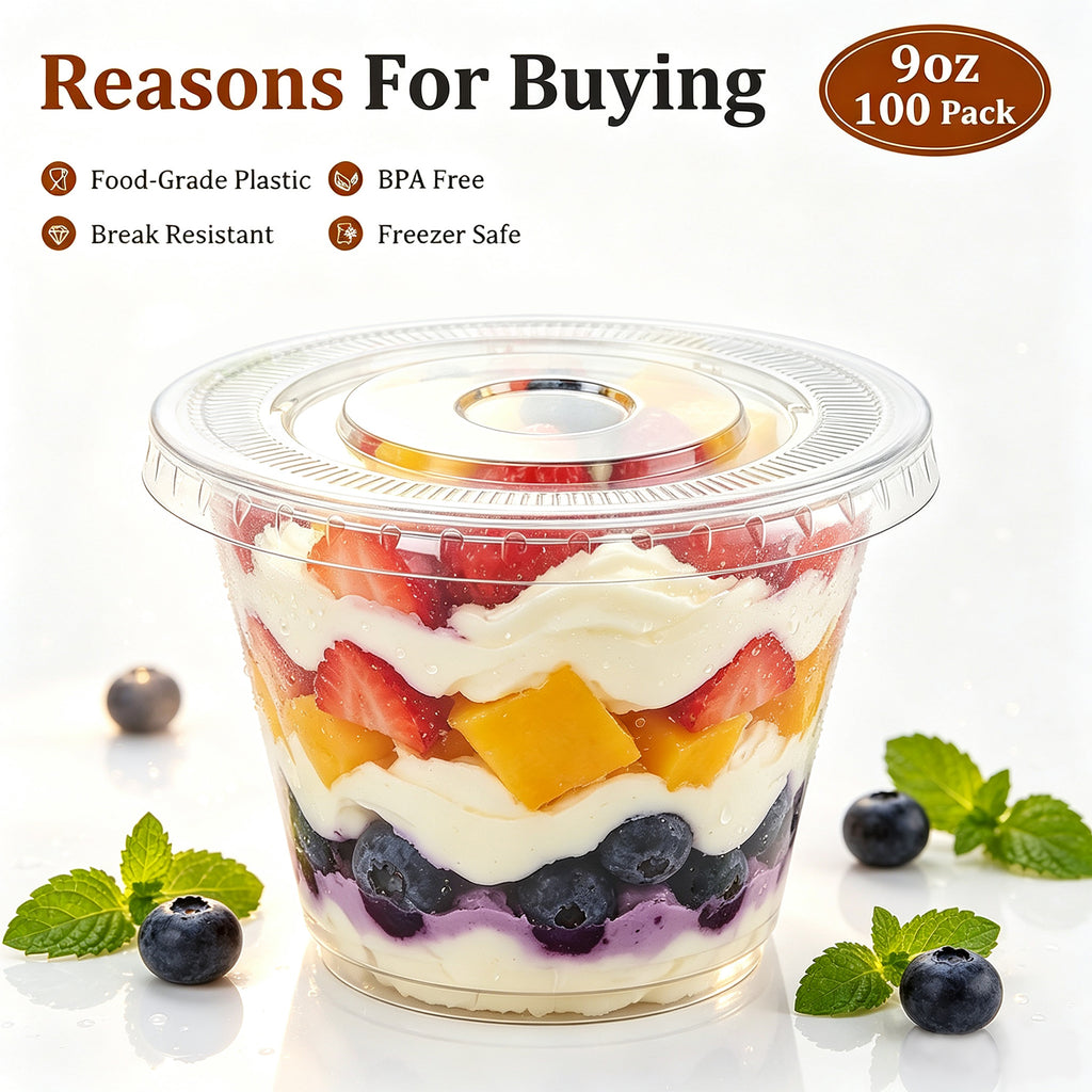 BYSNOW 9oz Clear Plastic Cups with Lids No Hole, Disposable Cups with Flat Lids, 100/200 Pack Ice Cream Cups