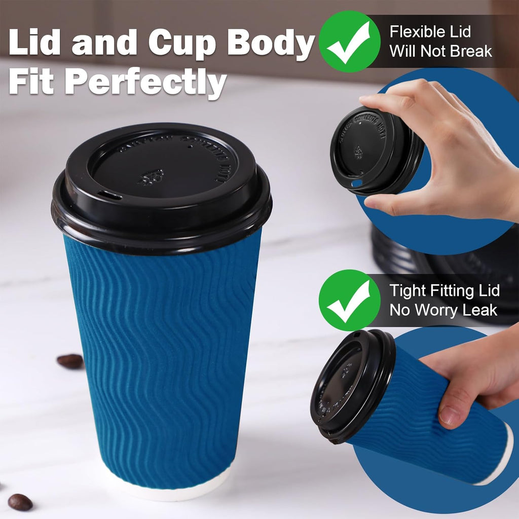 BYSNOW 12/16oz Disposable Coffee Cups with Lids, Insulated Paper Cups with Lids, 100 Pack