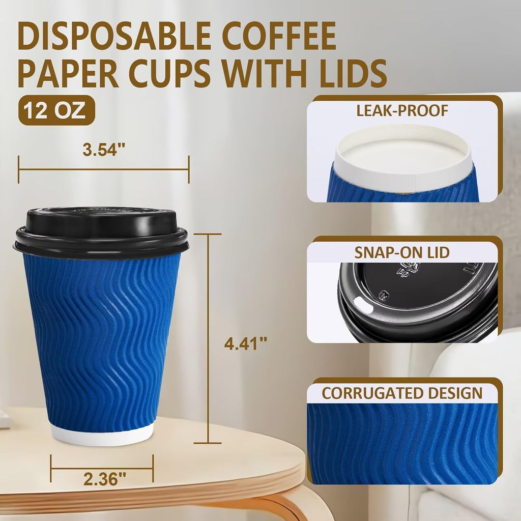 BYSNOW 12/16oz Disposable Coffee Cups with Lids, Insulated Paper Cups with Lids, 100 Pack