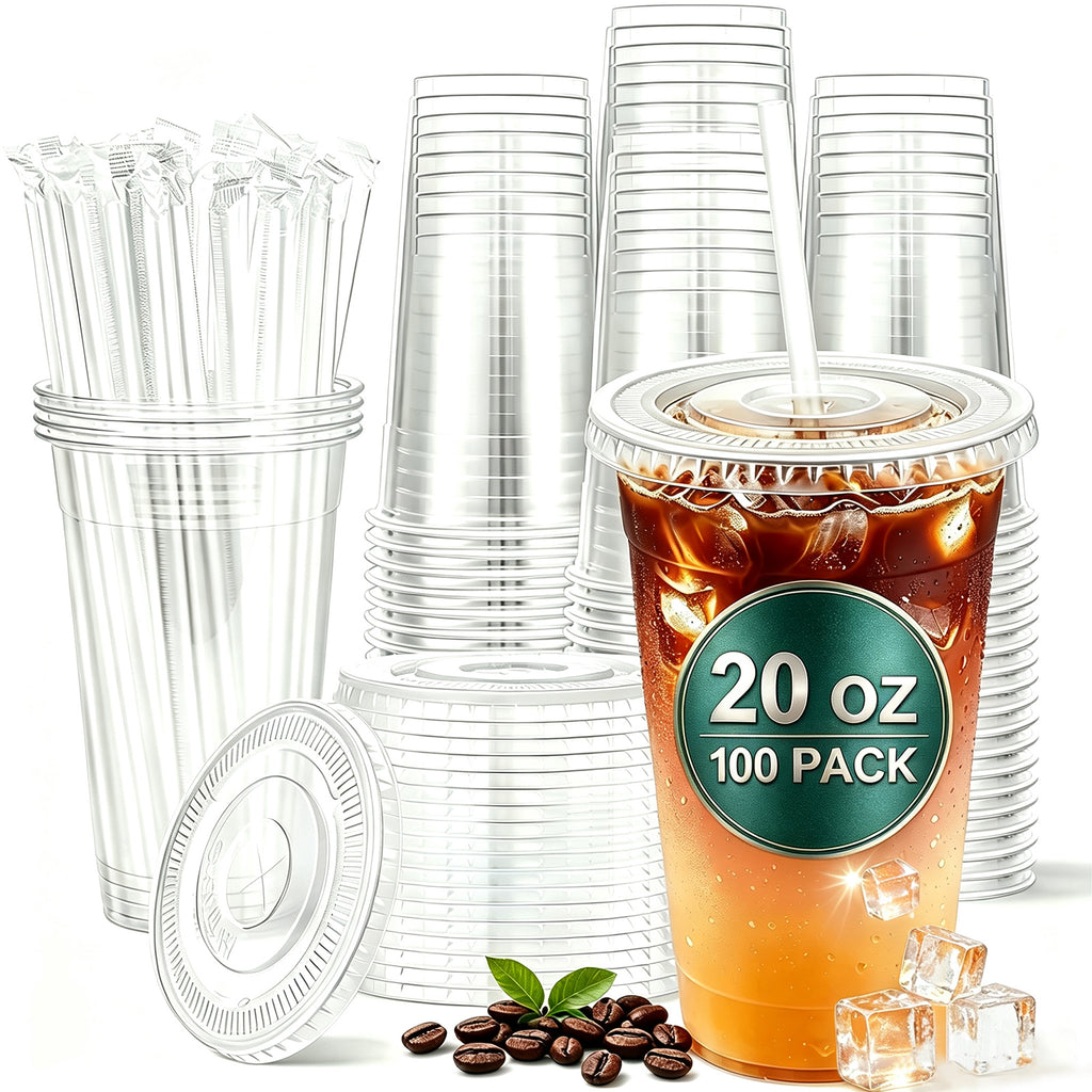 BYSNOW 16/20/24 oz Clear Plastic Cups with Lids and Straws, Disposable Iced Coffee Cups, 100 Count