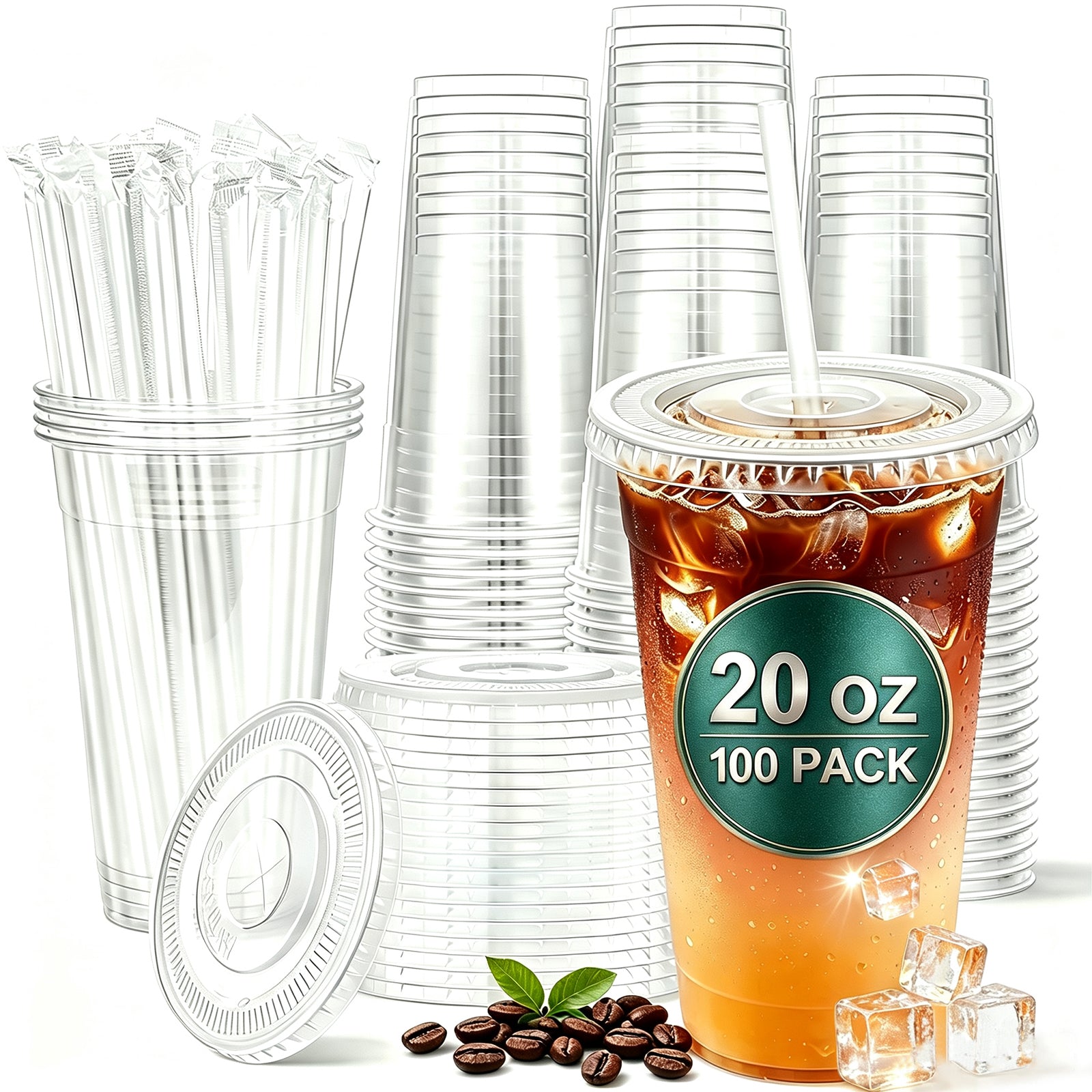 BYSNOW 16/20/24 oz Clear Plastic Cups with Lids and Straws, Disposable Iced Coffee Cups, 100 Count