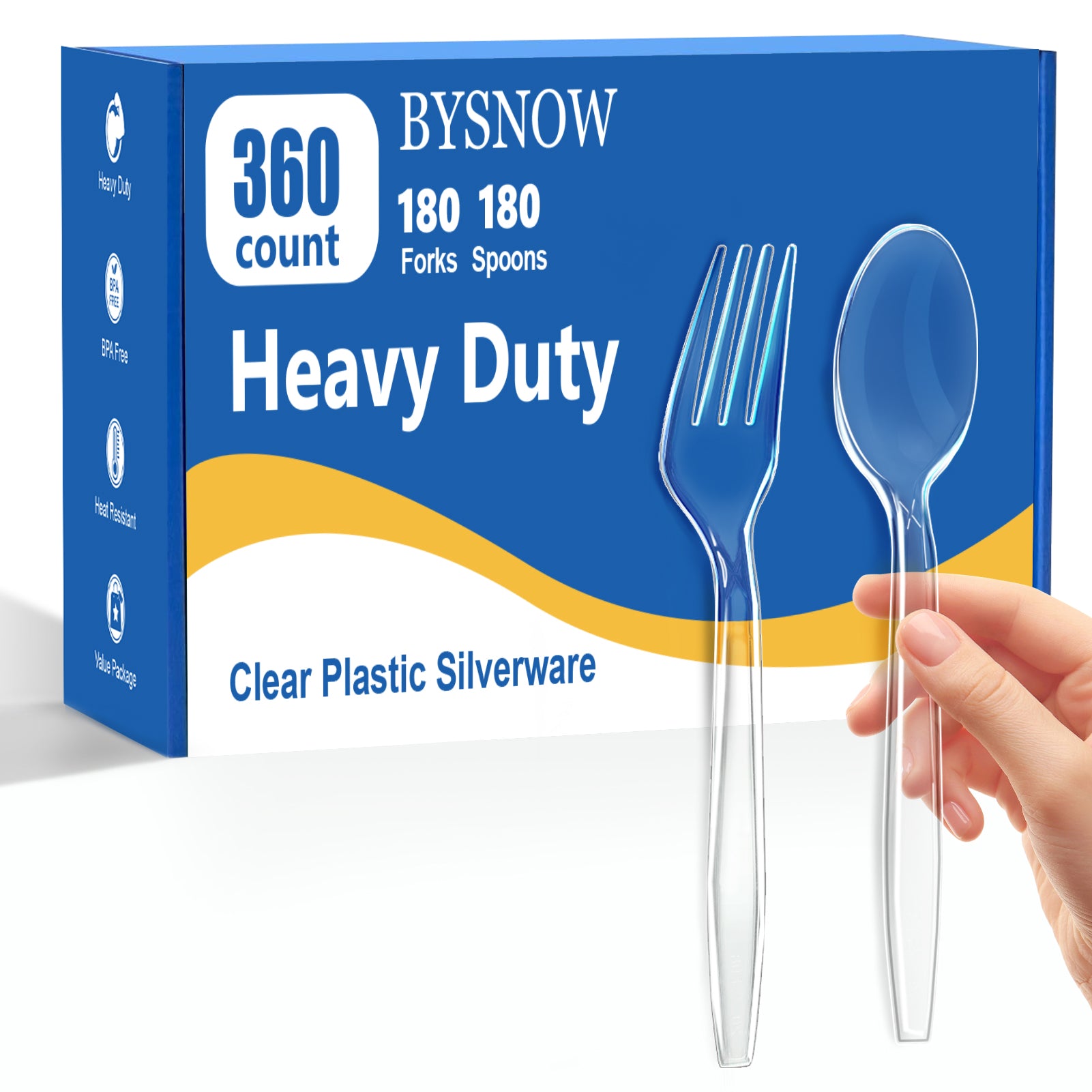 BYSNOW 360 Pack Clear Plastic Forks and Spoons, Disposable Silverware, Utensils Cutlery Set, 180 Forks, 180 Spoons