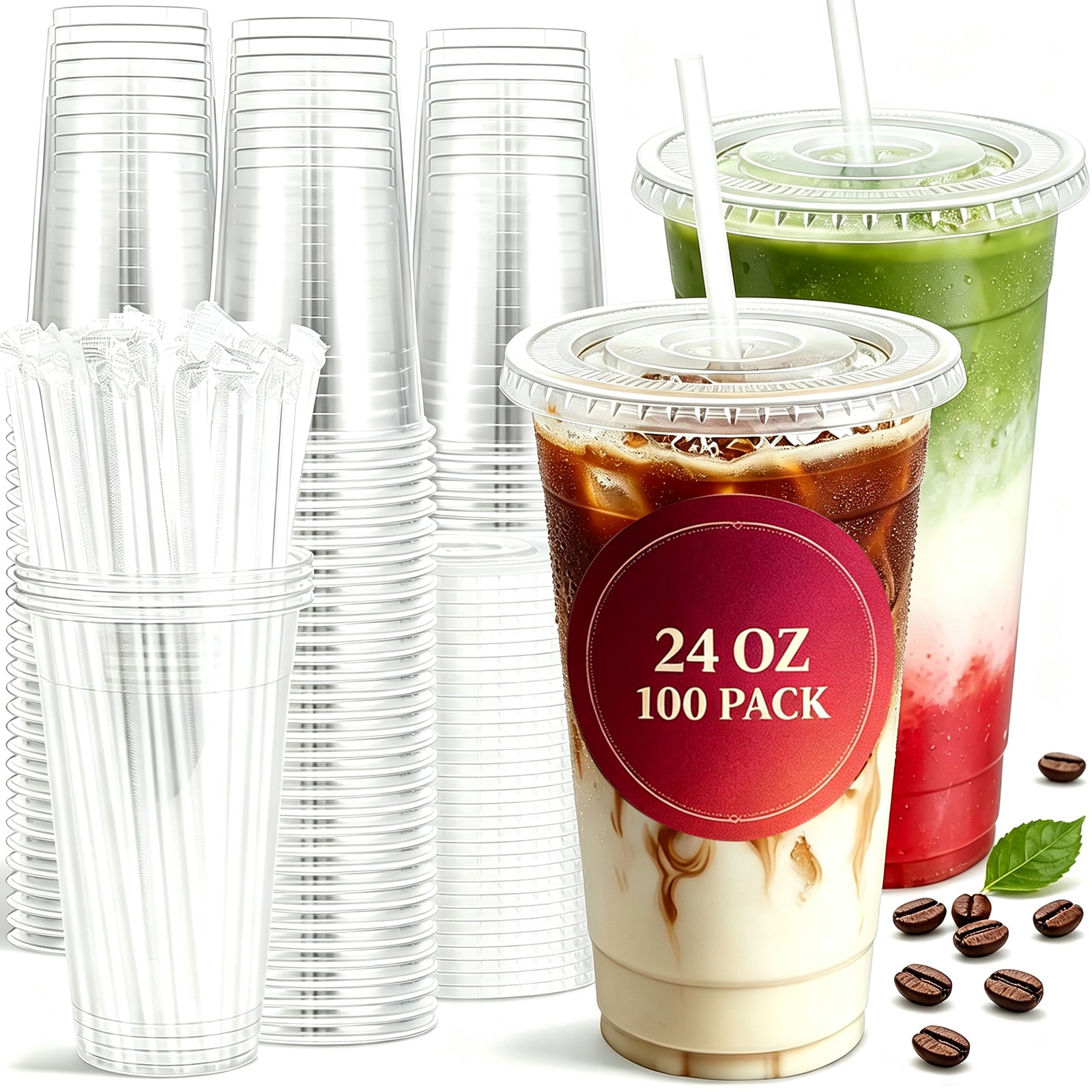 BYSNOW 16/20/24 oz Clear Plastic Cups with Lids and Straws, Disposable Iced Coffee Cups, 100 Count