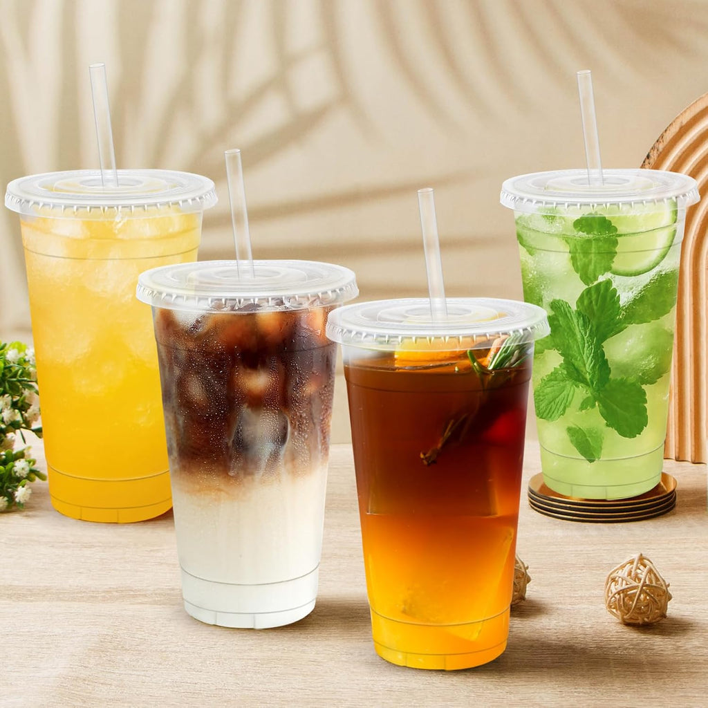 BYSNOW 16/20/24 oz Clear Plastic Cups with Lids and Straws, Disposable Iced Coffee Cups, 100 Count