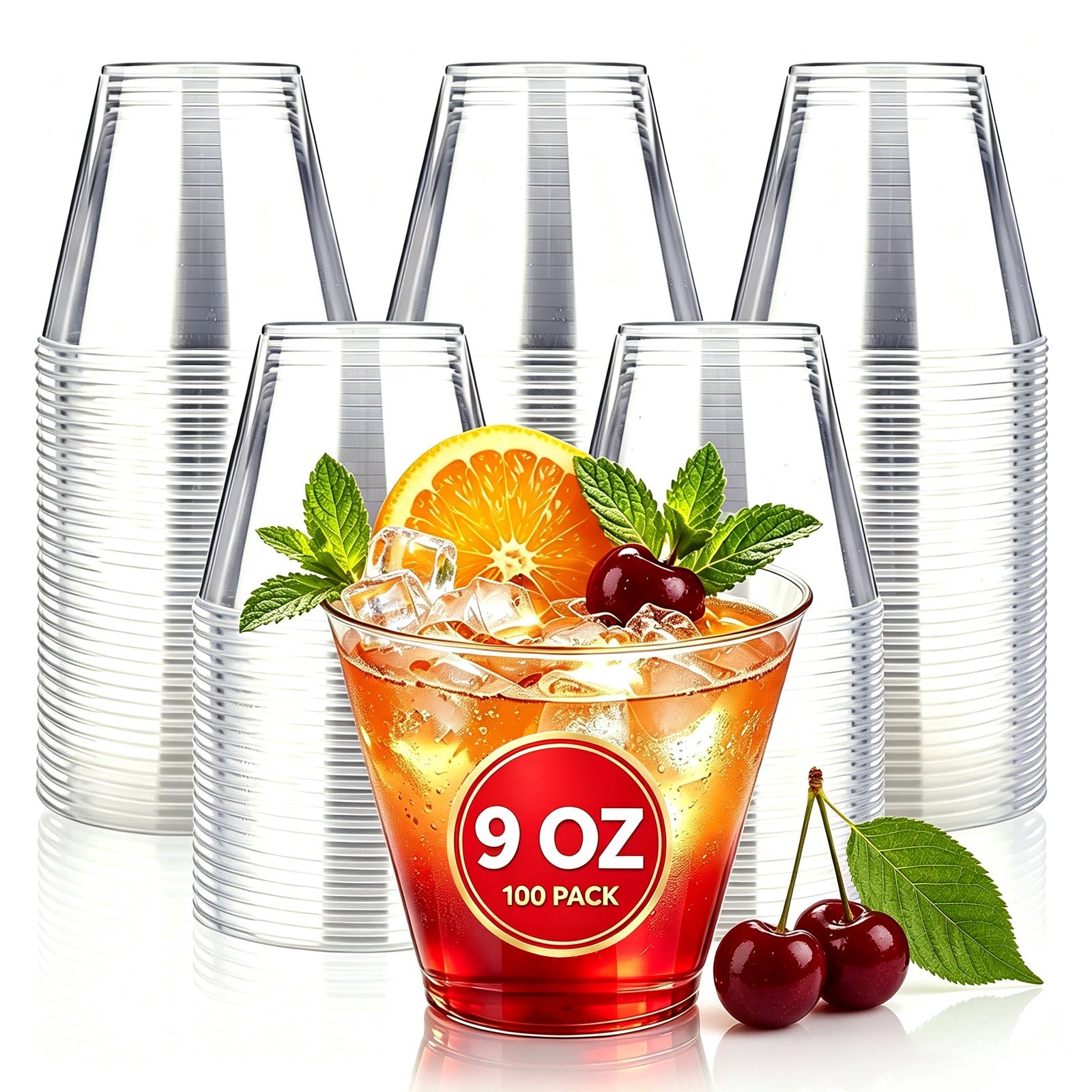 BYSNOW 9/12/14 oz Clear Plastic Cups, Disposable Party Cups, 100 Pack