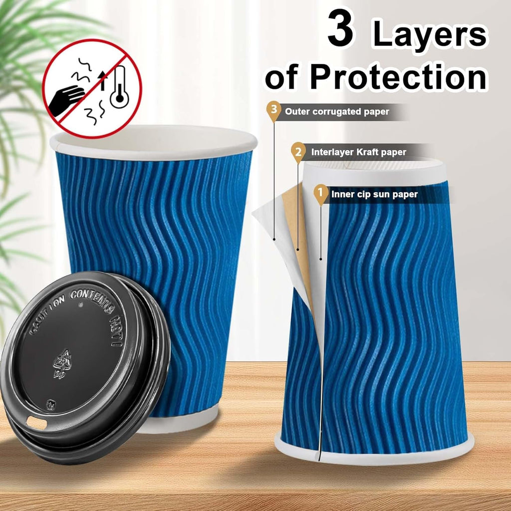 BYSNOW 12/16oz Disposable Coffee Cups with Lids, Insulated Paper Cups with Lids, 100 Pack
