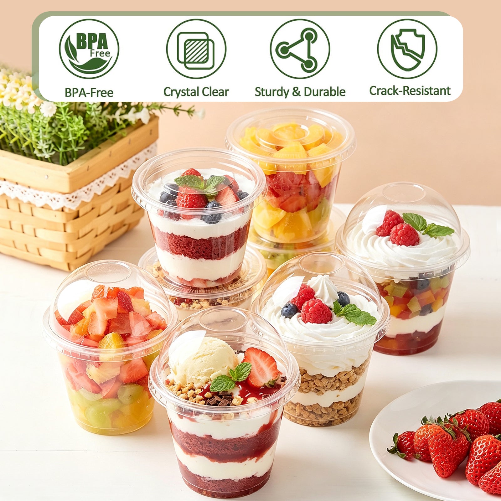 BYSNOW 9oz Clear Plastic Cups with Lids No Hole, Disposable Cups with Flat Lids, 100/200 Pack Ice Cream Cups