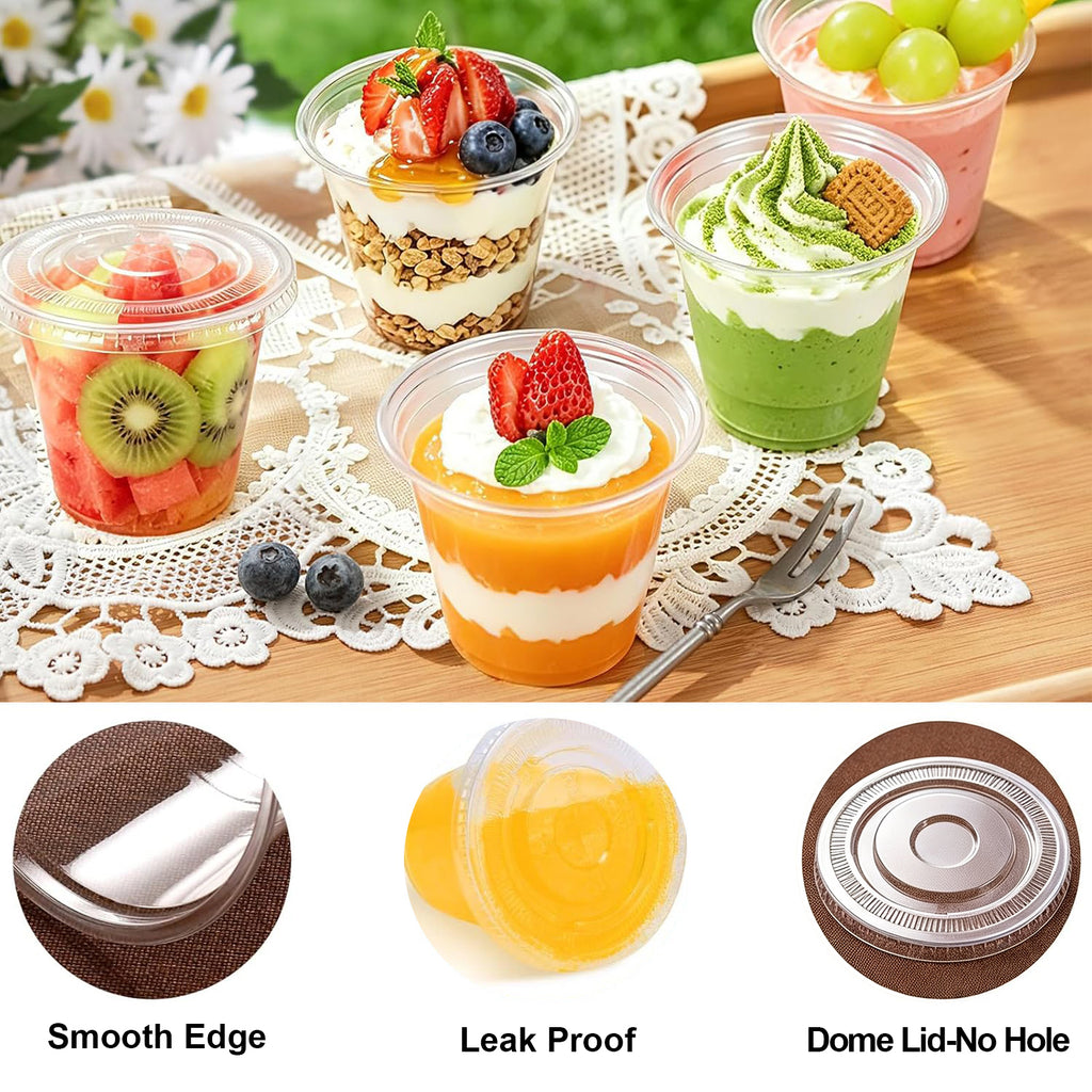 BYSNOW 9oz Clear Plastic Cups with Lids No Hole, Disposable Cups with Flat Lids, 100/200 Pack Ice Cream Cups