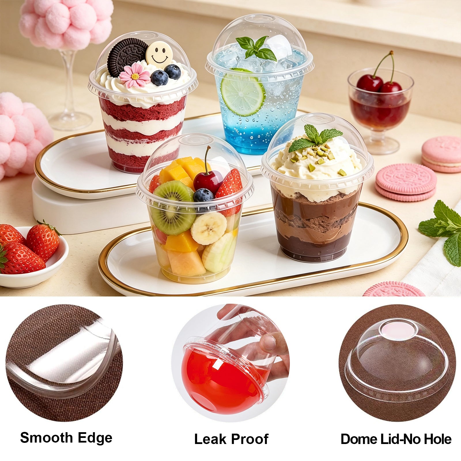 BYSNOW 9oz Clear Plastic Cups with Lids No Hole, Disposable Cups with Flat Lids, 100/200 Pack Ice Cream Cups