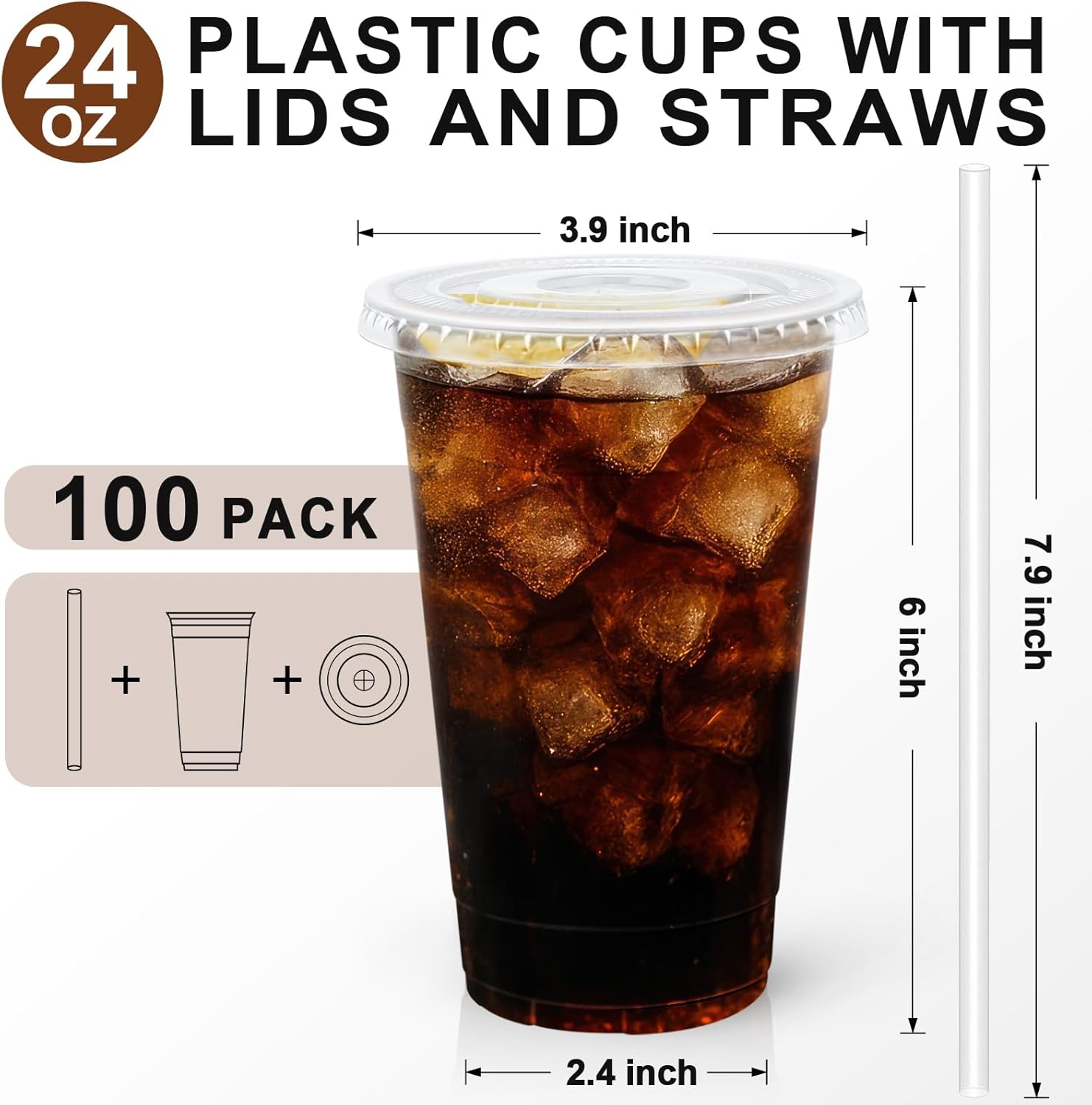 BYSNOW 16/20/24 oz Clear Plastic Cups with Lids and Straws, Disposable Iced Coffee Cups, 100 Count