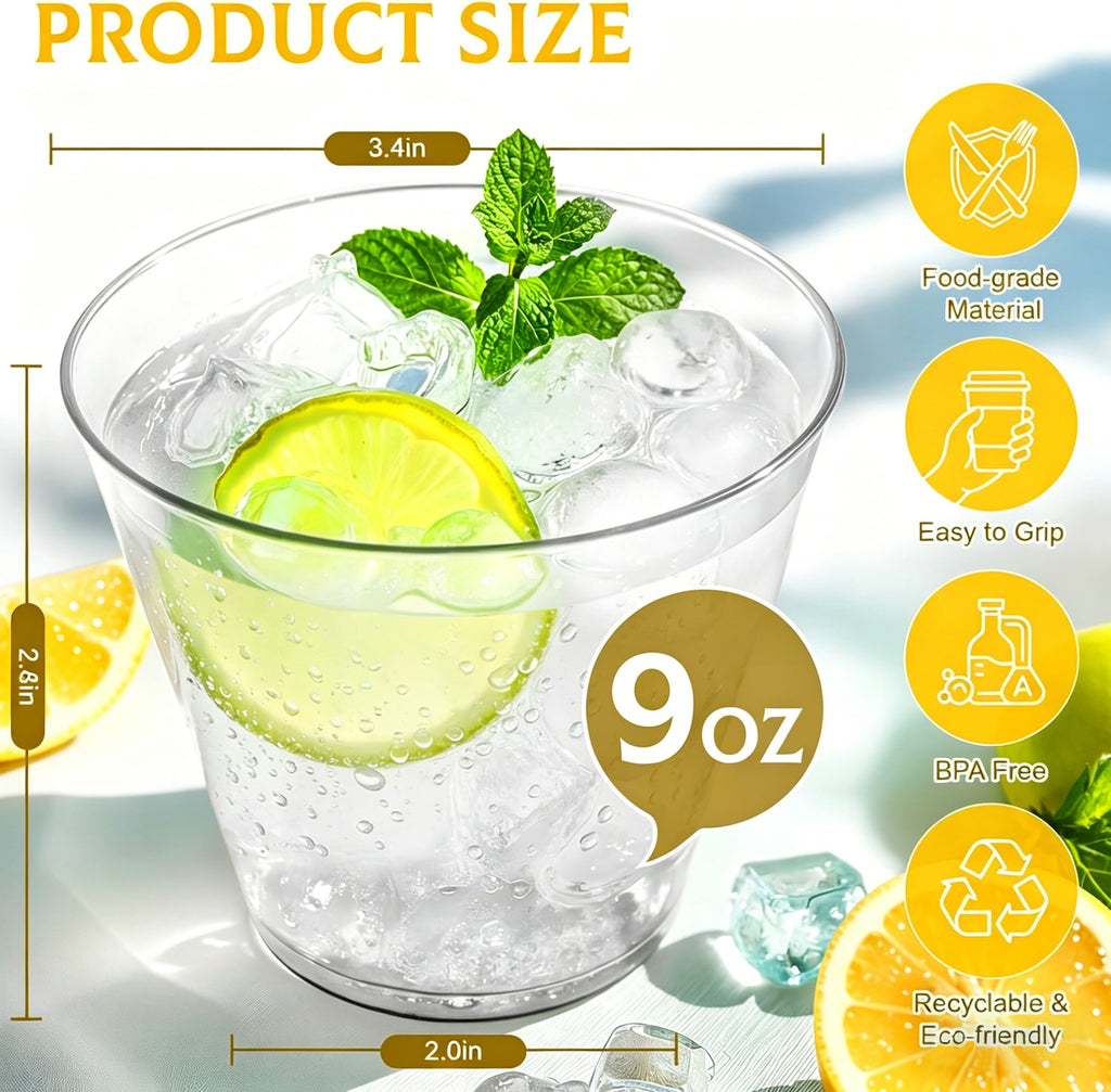 BYSNOW 9/12/14 oz Clear Plastic Cups, Disposable Party Cups, 100 Pack