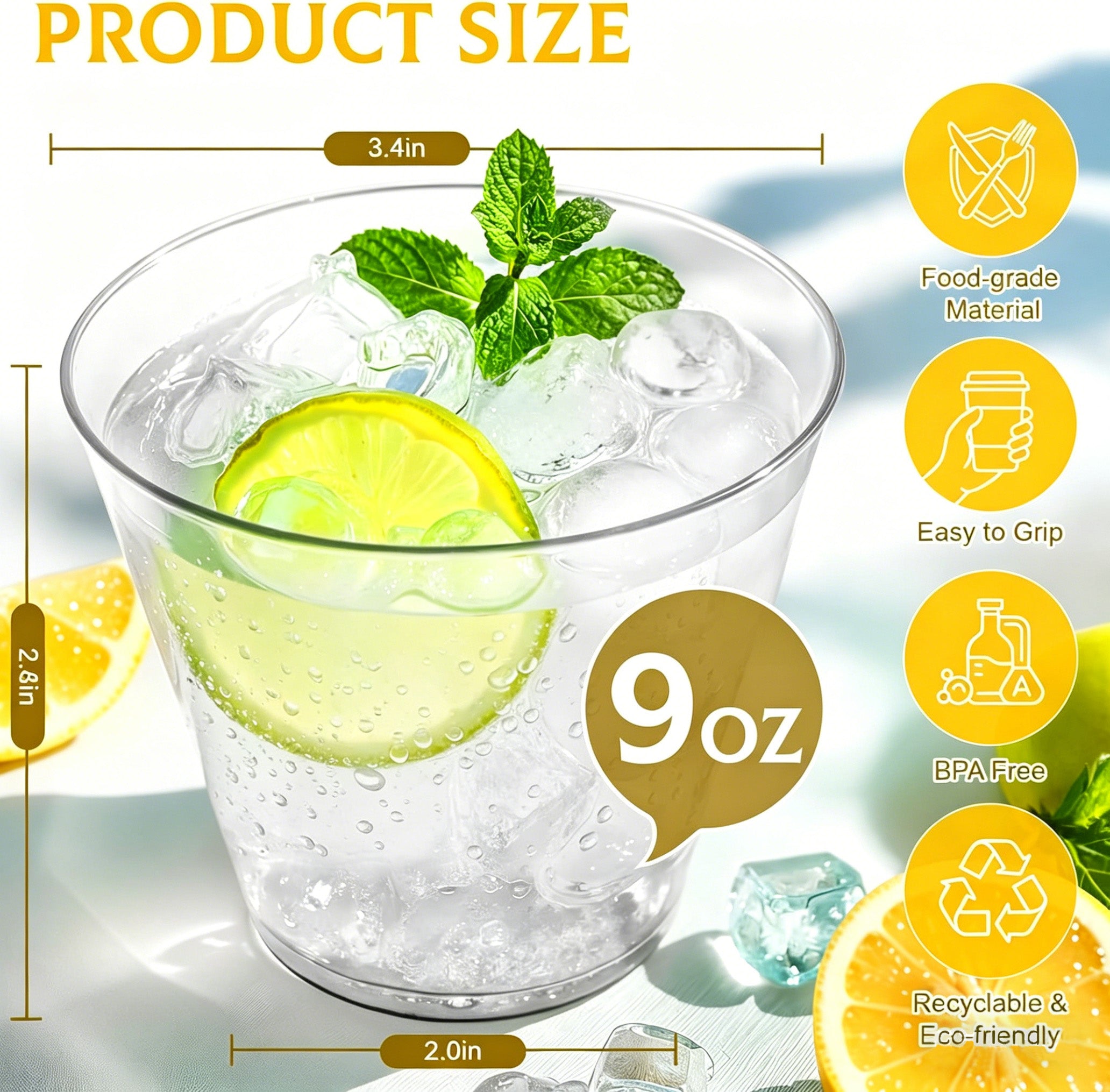 BYSNOW 9/12/14 oz Clear Plastic Cups, Disposable Party Cups, 100 Pack
