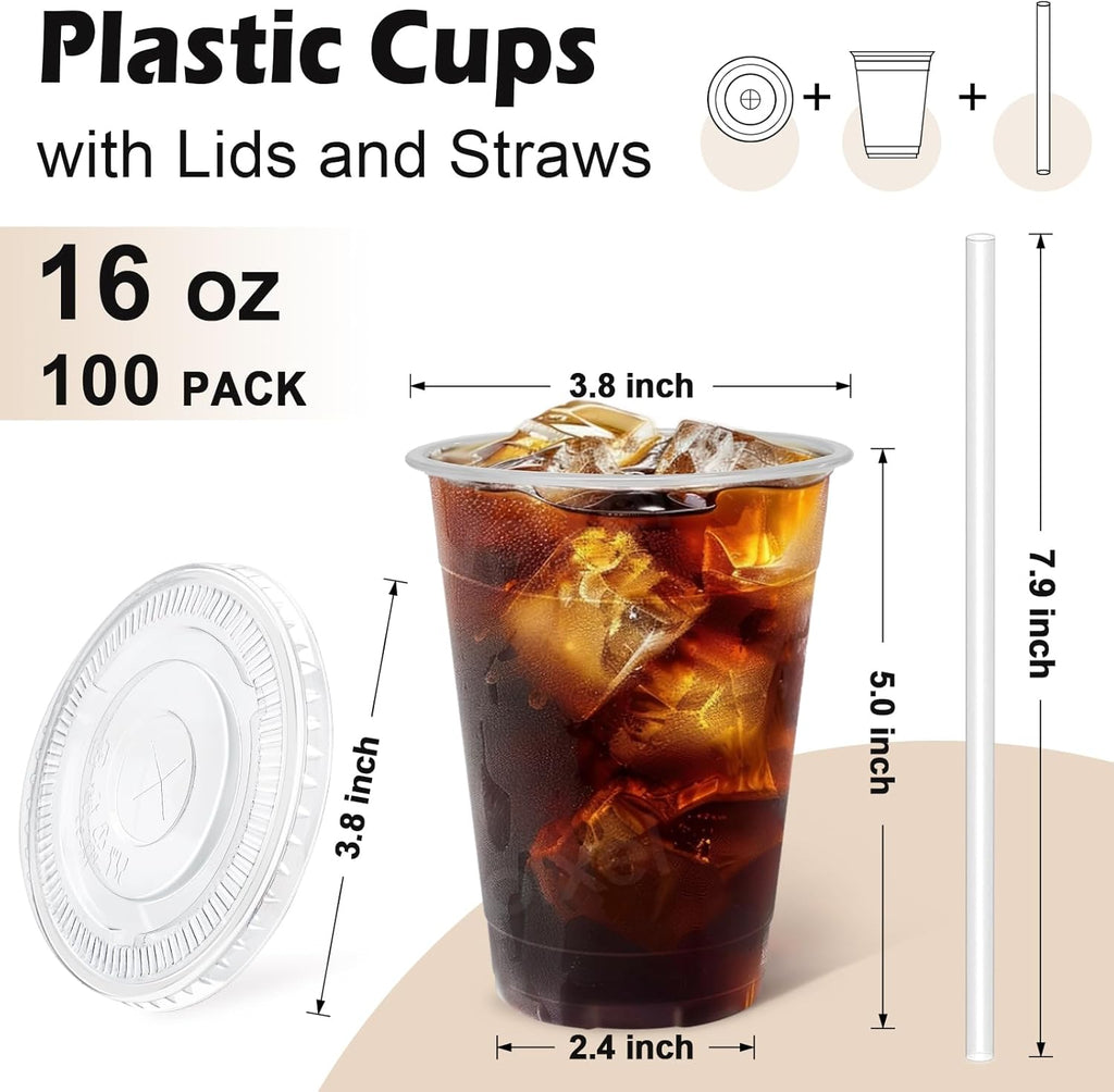BYSNOW 16/20/24 oz Clear Plastic Cups with Lids and Straws, Disposable Iced Coffee Cups, 100 Count