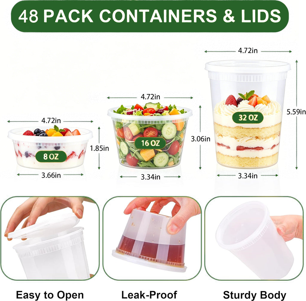 BYSNOW Deli Containers with Lids 48 Sets, Deli Cups with Lids 8oz 16oz 32oz, Deli Food Storage Containers, Plastic Soup Containers Reusable, BPA Free, Leakproof, Microwave, Freezer & Dishwasher Safe