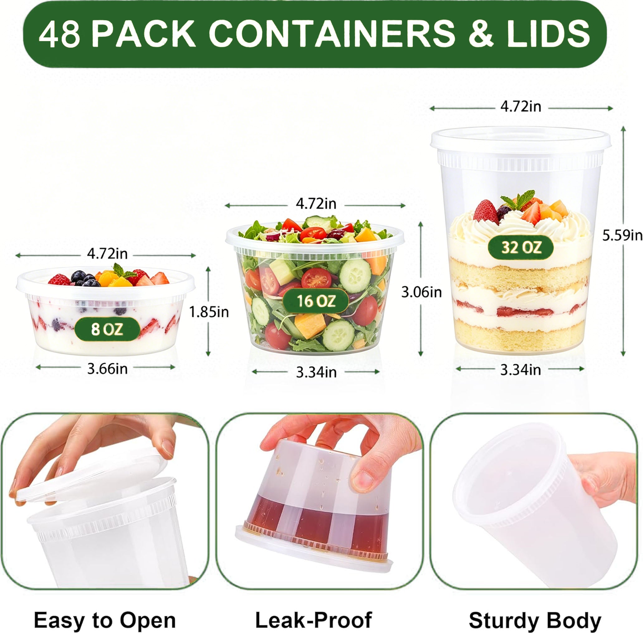 BYSNOW Deli Containers with Lids 48 Sets, Deli Cups with Lids 8oz 16oz 32oz, Deli Food Storage Containers, Plastic Soup Containers Reusable, BPA Free, Leakproof, Microwave, Freezer & Dishwasher Safe