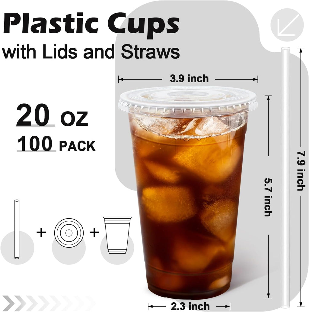 BYSNOW 16/20/24 oz Clear Plastic Cups with Lids and Straws, Disposable Iced Coffee Cups, 100 Count