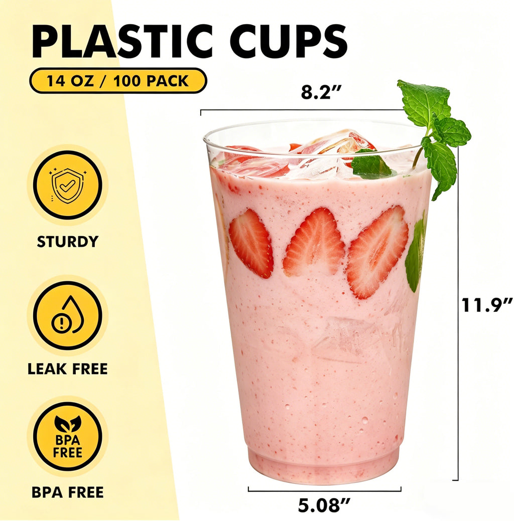 BYSNOW 9/12/14 oz Clear Plastic Cups, Disposable Party Cups, 100 Pack