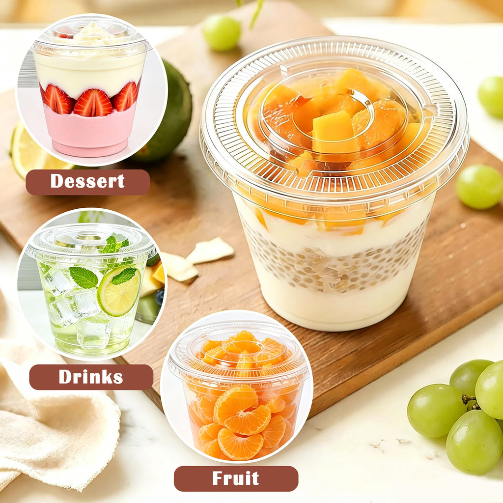 BYSNOW 9oz Clear Plastic Cups with Lids No Hole, Disposable Cups with Flat Lids, 100/200 Pack Ice Cream Cups