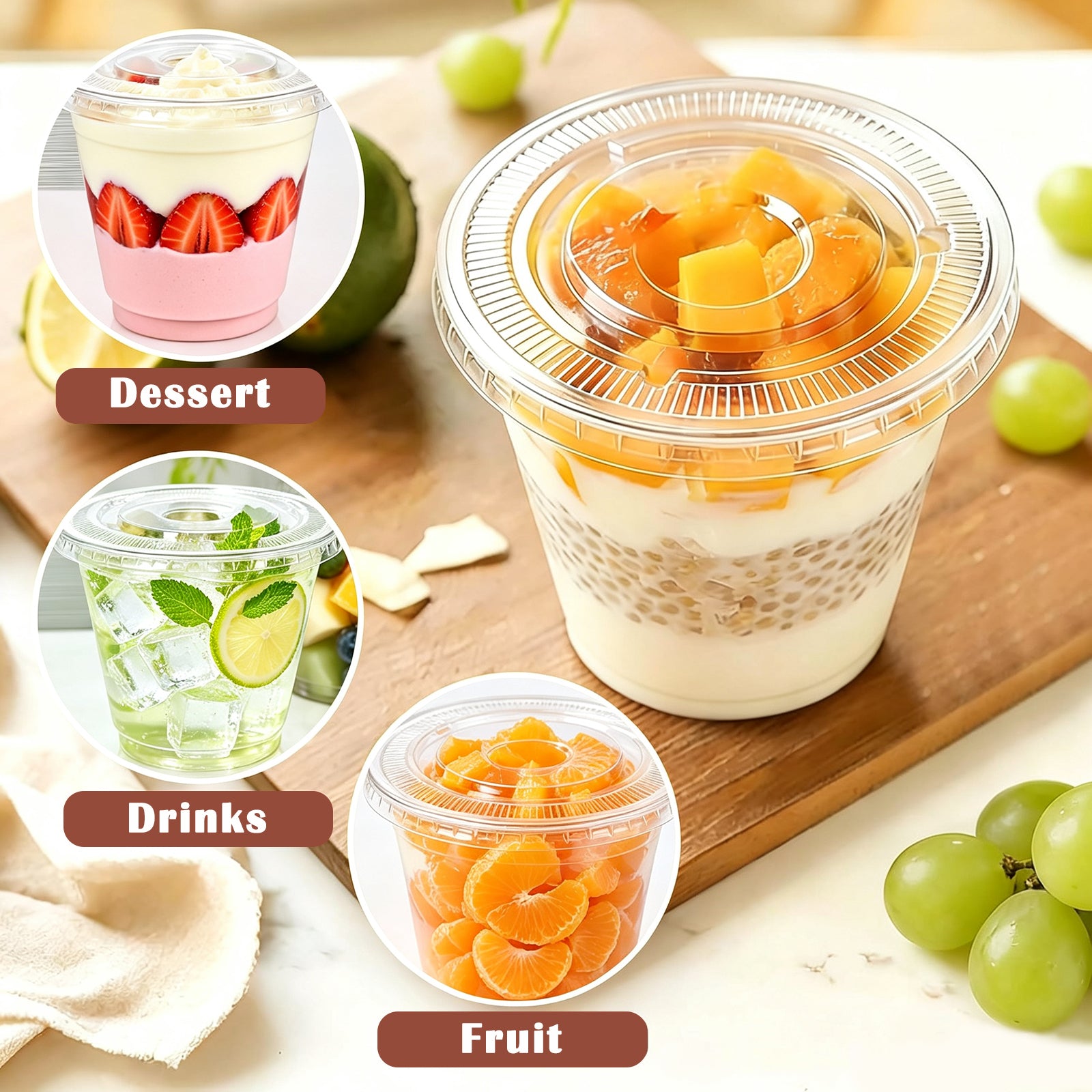 BYSNOW 9oz Clear Plastic Cups with Lids No Hole, Disposable Cups with Flat Lids, 100/200 Pack Ice Cream Cups