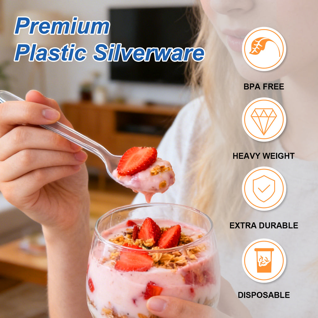 BYSNOW 360 Pack Clear Plastic Silverware Set, Disposable Plastic Flatware, 150 Forks 150 Spoons 60 Knives, BPA Free Heat Resistant