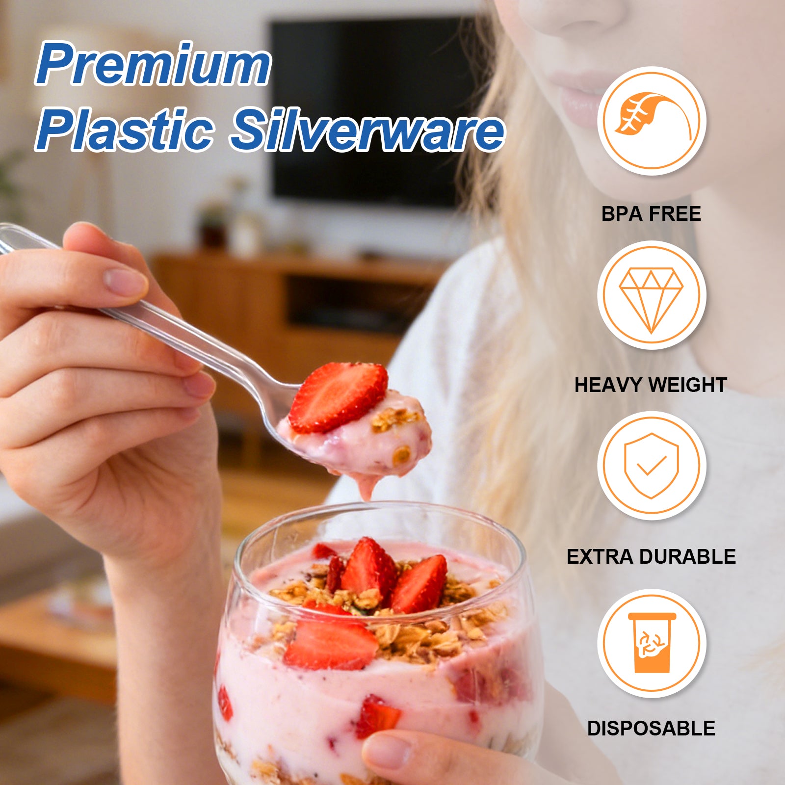BYSNOW 360 Pack Clear Plastic Silverware Set, Disposable Plastic Flatware, 150 Forks 150 Spoons 60 Knives, BPA Free Heat Resistant