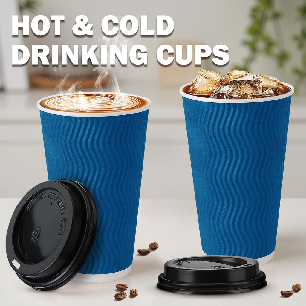 BYSNOW 12/16oz Disposable Coffee Cups with Lids, Insulated Paper Cups with Lids, 100 Pack