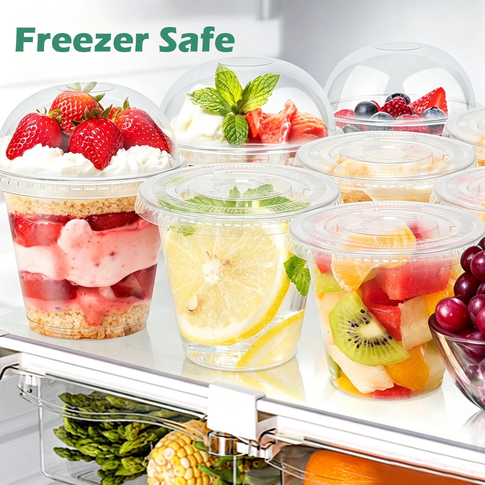 BYSNOW 9oz Clear Plastic Cups with Lids No Hole, Disposable Cups with Flat Lids, 100/200 Pack Ice Cream Cups