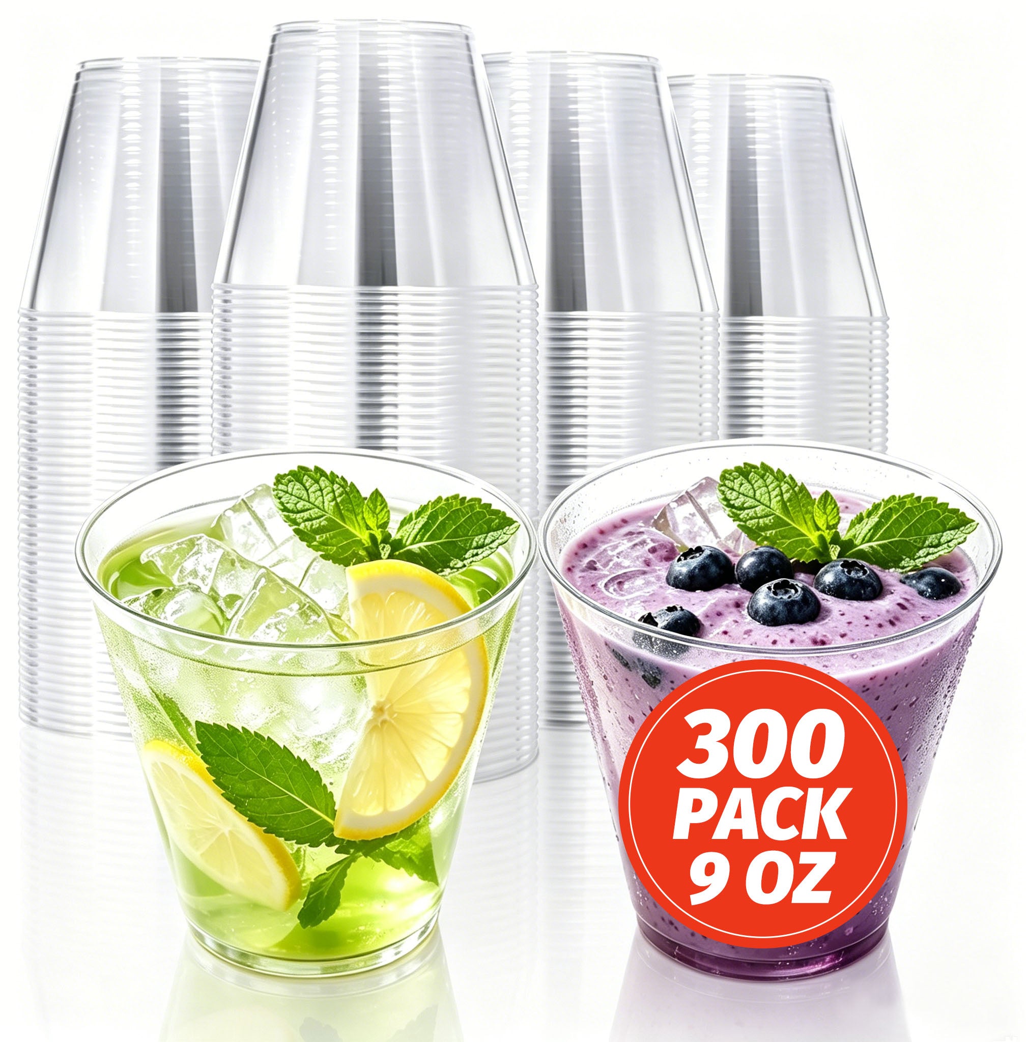 BYSNOW 9/12/14 oz Clear Plastic Cups, Disposable Party Cups, 100 Pack