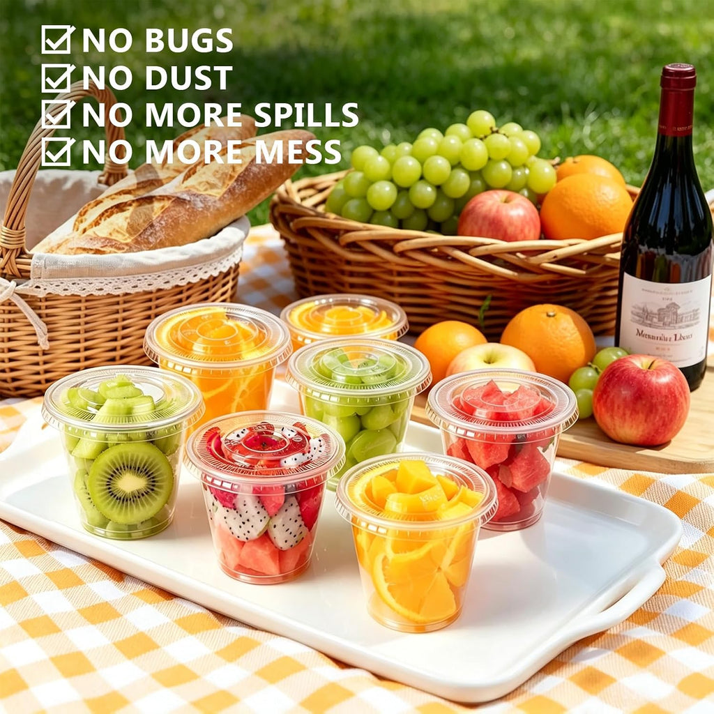 BYSNOW 9oz Clear Plastic Cups with Lids No Hole, Disposable Cups with Flat Lids, 100/200 Pack Ice Cream Cups