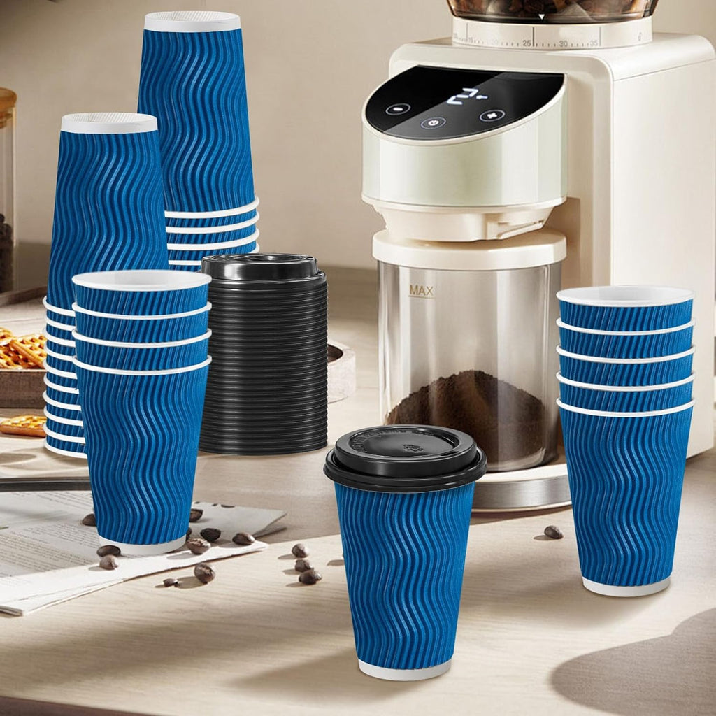 BYSNOW 12/16oz Disposable Coffee Cups with Lids, Insulated Paper Cups with Lids, 100 Pack
