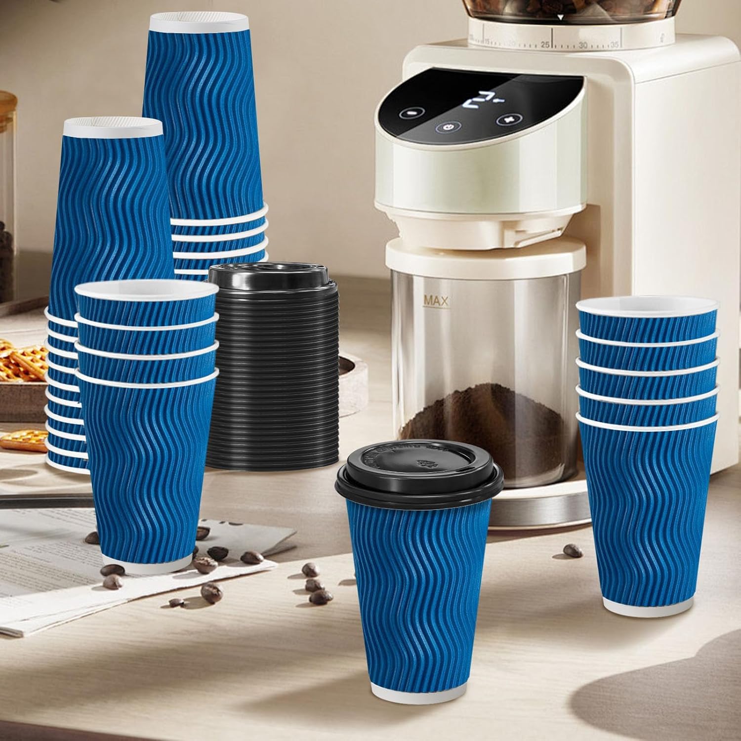 BYSNOW 12/16oz Disposable Coffee Cups with Lids, Insulated Paper Cups with Lids, 100 Pack
