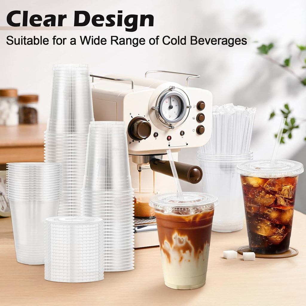 BYSNOW 16/20/24 oz Clear Plastic Cups with Lids and Straws, Disposable Iced Coffee Cups, 100 Count