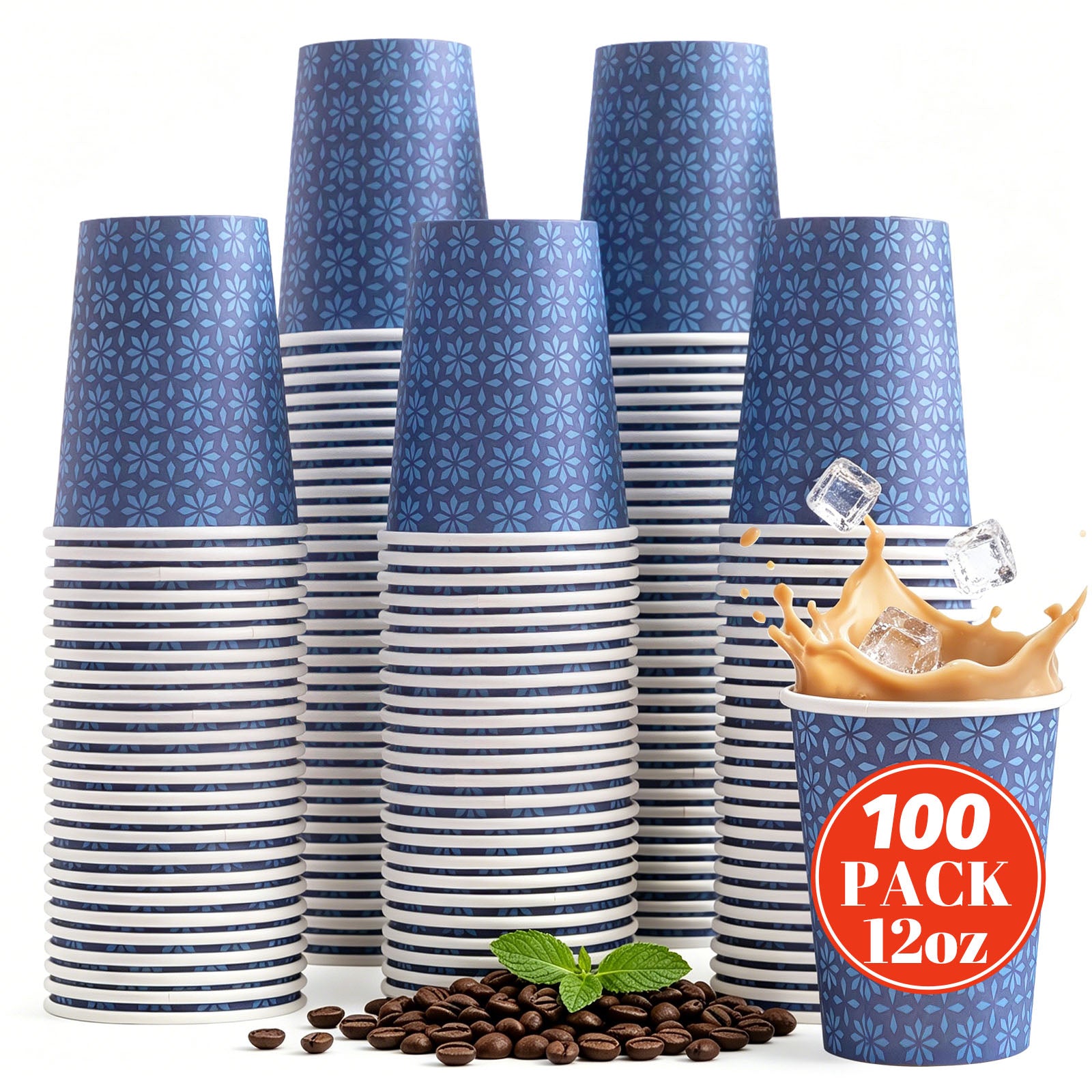BYSNOW 8/12/16 oz Disposable Paper Cups, Hot/Cold Coffee Cups, 100 Count