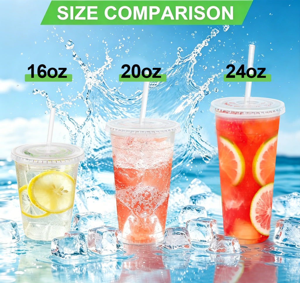 BYSNOW 16/20/24 oz Clear Plastic Cups with Lids and Straws, Disposable Iced Coffee Cups, 100 Count