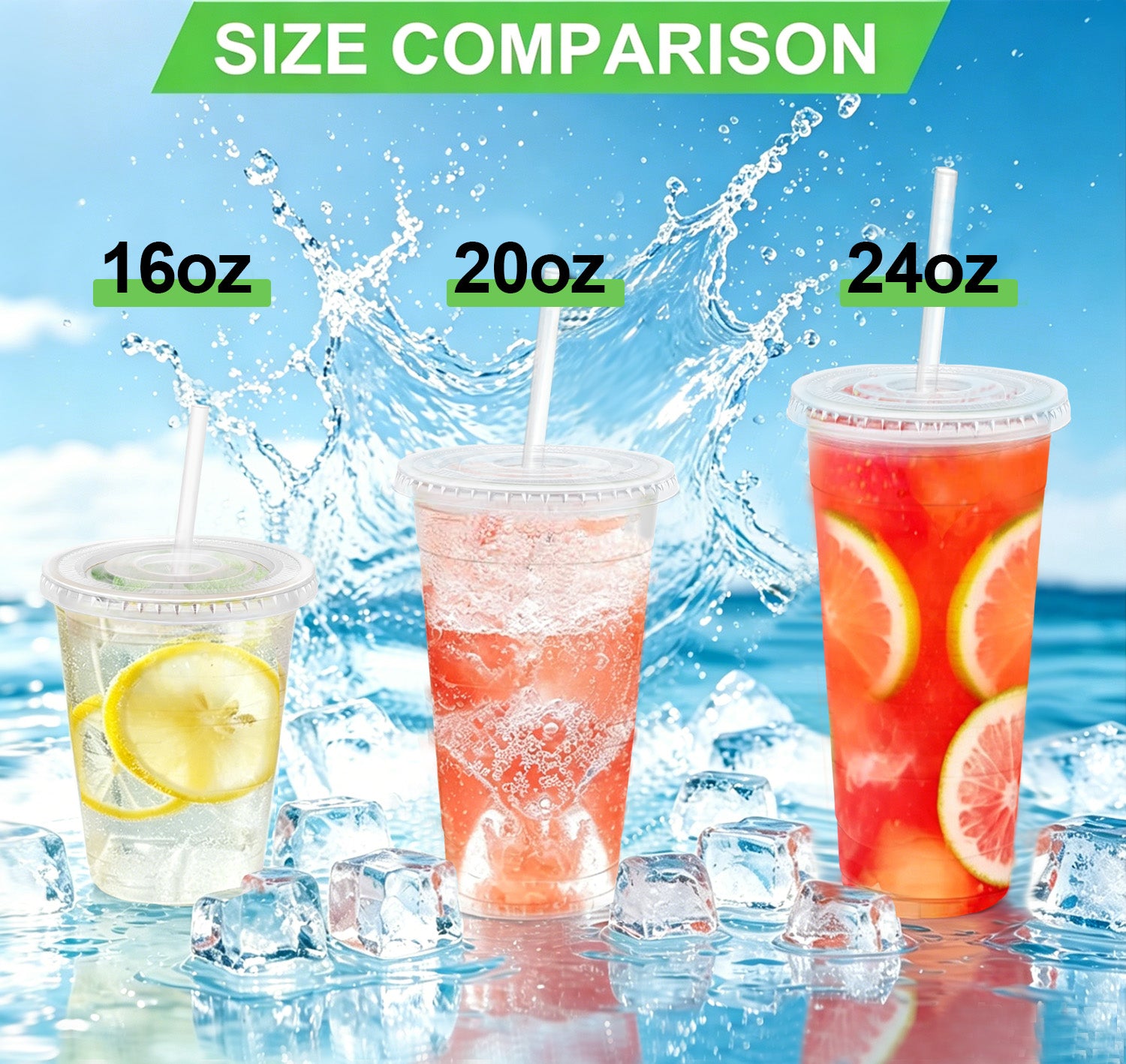BYSNOW 16/20/24 oz Clear Plastic Cups with Lids and Straws, Disposable Iced Coffee Cups, 100 Count