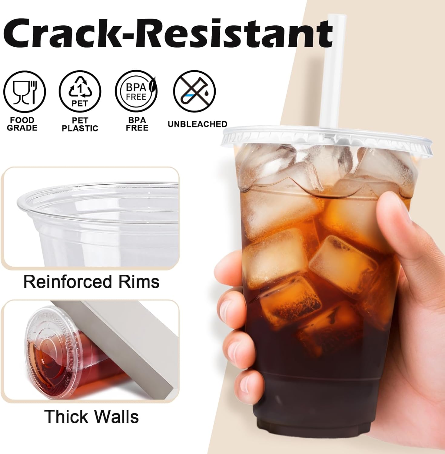 BYSNOW 16/20/24 oz Clear Plastic Cups with Lids and Straws, Disposable Iced Coffee Cups, 100 Count