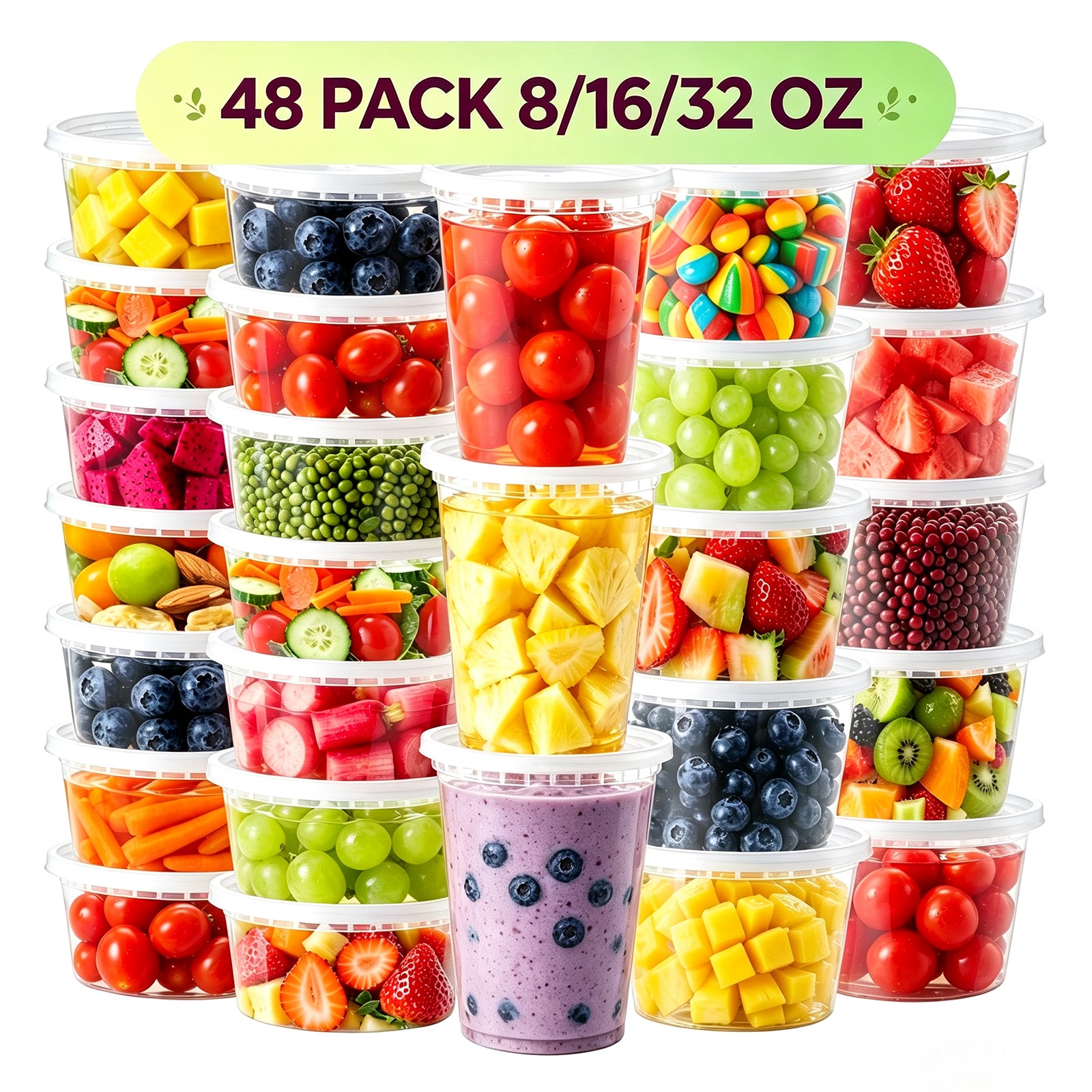 BYSNOW Deli Containers with Lids 48 Sets, Deli Cups with Lids 8oz 16oz 32oz, Deli Food Storage Containers, Plastic Soup Containers Reusable, BPA Free, Leakproof, Microwave, Freezer & Dishwasher Safe
